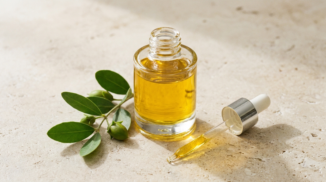 Glazen flesje biologische jojoba olie met pipet en jojobablaadjes